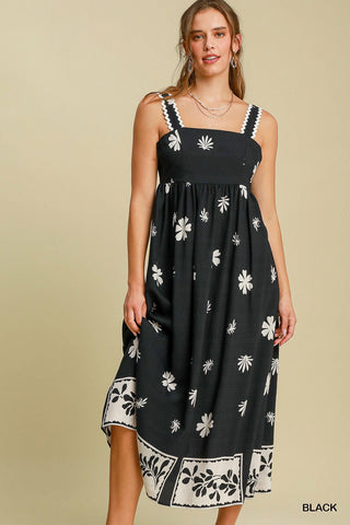 Umgee Dresses Sm Floral Border Print Midi Dress w/Rick Rac Trim