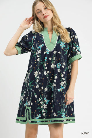 Umgee Dresses Sm Floral Puff Sleeve Dress w/Contrast Trim