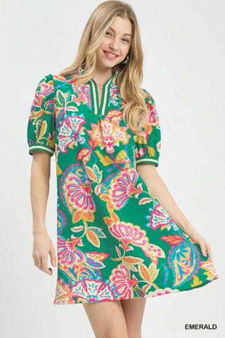Umgee Dresses Sm Jacquard Paisley Print Puff Sleeve Tunic Dress