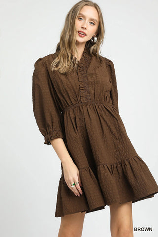 Umgee Dresses Sm Sale Ruffle Trim Textured 3/4 Sleeve Dress