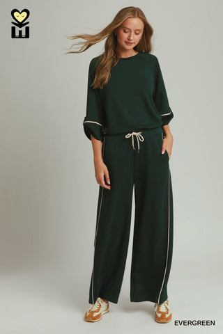 Umgee Loungewear- Sleepwear - Bottoms Contrast Piping Wide Leg Pants Evergreen