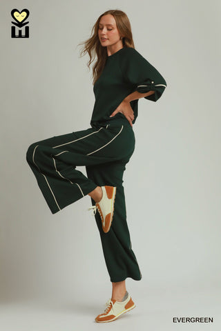 Umgee Loungewear- Sleepwear - Bottoms Contrast Piping Wide Leg Pants Evergreen