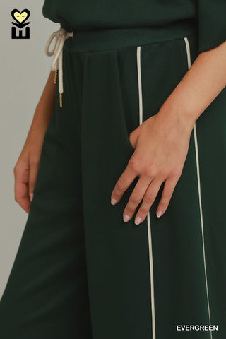 Umgee Loungewear- Sleepwear - Bottoms Contrast Piping Wide Leg Pants Evergreen