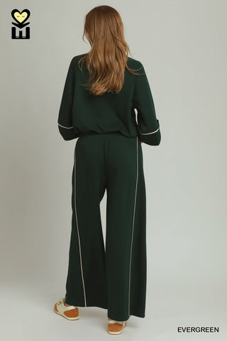Umgee Loungewear- Sleepwear - Bottoms Contrast Piping Wide Leg Pants Evergreen
