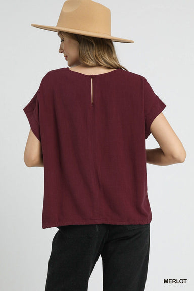 Umgee Tops - Blouse Final Sale Drawstring Linen Blend Top Merlot