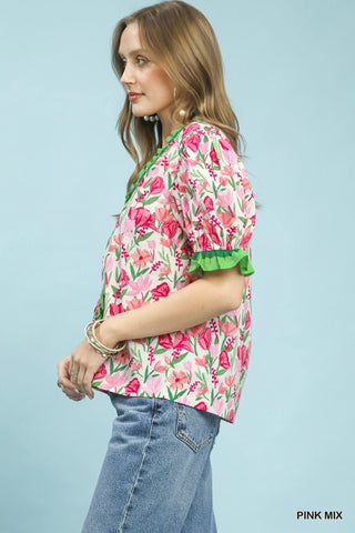 Umgee Tops - Blouse Floral Ruffle Trim Puff Sleeve Blouse