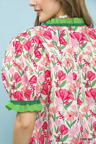 Umgee Tops - Blouse Floral Ruffle Trim Puff Sleeve Blouse