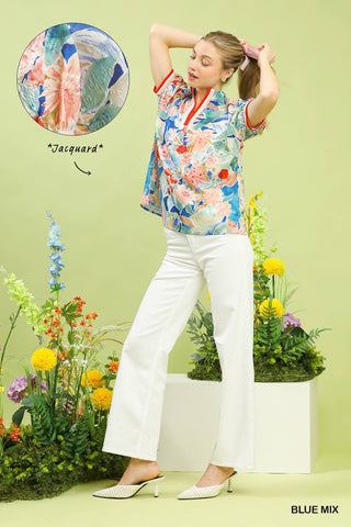 Umgee Tops - Blouse Jacquard Bloomscape Print Top