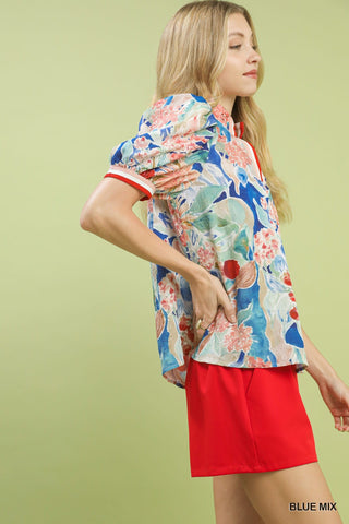 Umgee Tops - Blouse Jacquard Bloomscape Print Top