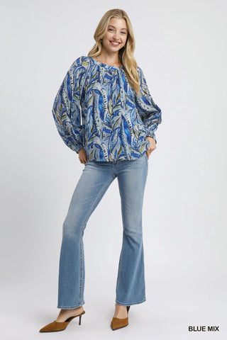 Umgee Tops - Blouse Sale Mix Leaf Print Peasant Blouse