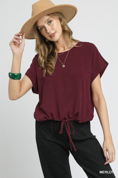 Umgee Tops - Blouse Sm Final Sale Drawstring Linen Blend Top Merlot