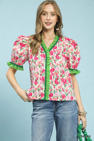 Umgee Tops - Blouse Sm Floral Ruffle Trim Puff Sleeve Blouse