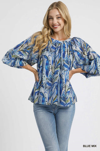 Umgee Tops - Blouse Sm Sale Mix Leaf Print Peasant Blouse