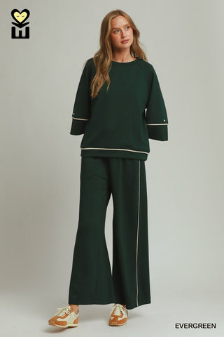 Umgee Tops - Sweatshirt Raglan Sleeve Contrast Piping Detailed Pullover Evergreen