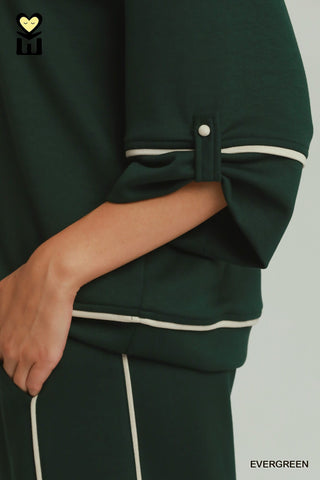 Umgee Tops - Sweatshirt Raglan Sleeve Contrast Piping Detailed Pullover Evergreen