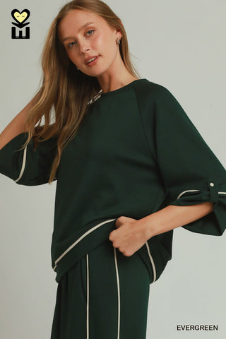 Umgee Tops - Sweatshirt Raglan Sleeve Contrast Piping Detailed Pullover Evergreen