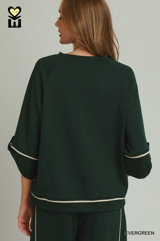 Umgee Tops - Sweatshirt Raglan Sleeve Contrast Piping Detailed Pullover Evergreen
