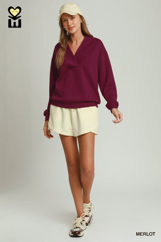 Umgee Tops - Sweatshirt Shawl Neck Pullover Long Sleeve Top Merlot