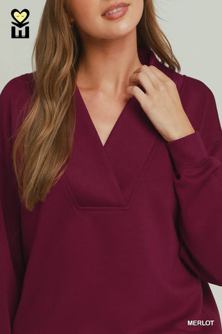 Umgee Tops - Sweatshirt Shawl Neck Pullover Long Sleeve Top Merlot