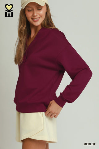 Umgee Tops - Sweatshirt Shawl Neck Pullover Long Sleeve Top Merlot