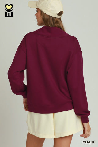 Umgee Tops - Sweatshirt Shawl Neck Pullover Long Sleeve Top Merlot