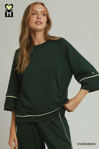 Umgee Tops - Sweatshirt Sm Raglan Sleeve Contrast Piping Detailed Pullover Evergreen