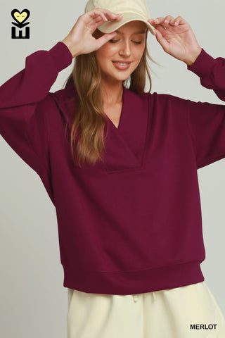 Umgee Tops - Sweatshirt Sm Shawl Neck Pullover Long Sleeve Top Merlot