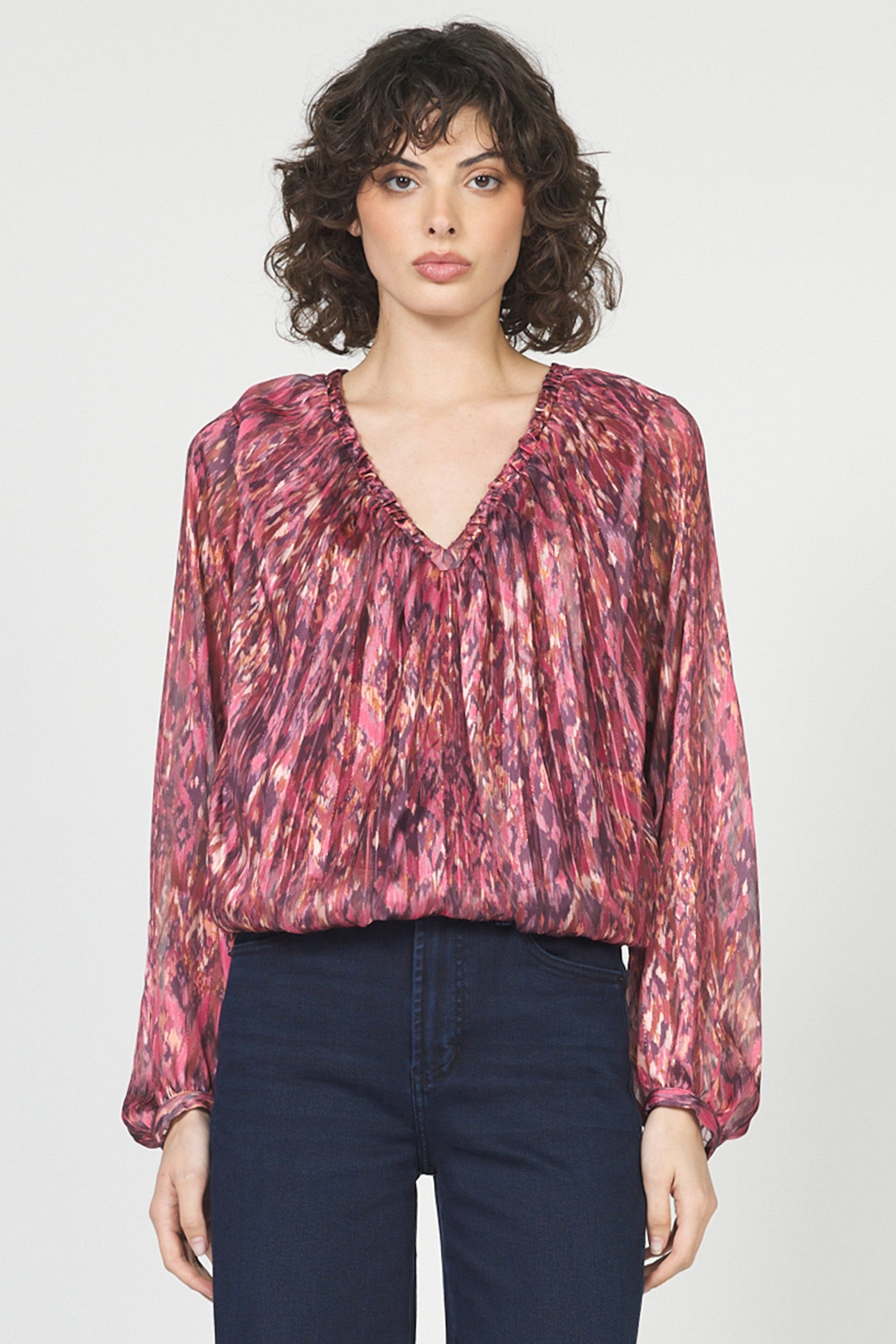 Piaf Print w/Lurex Balloon Sleeve Top Pomegrante