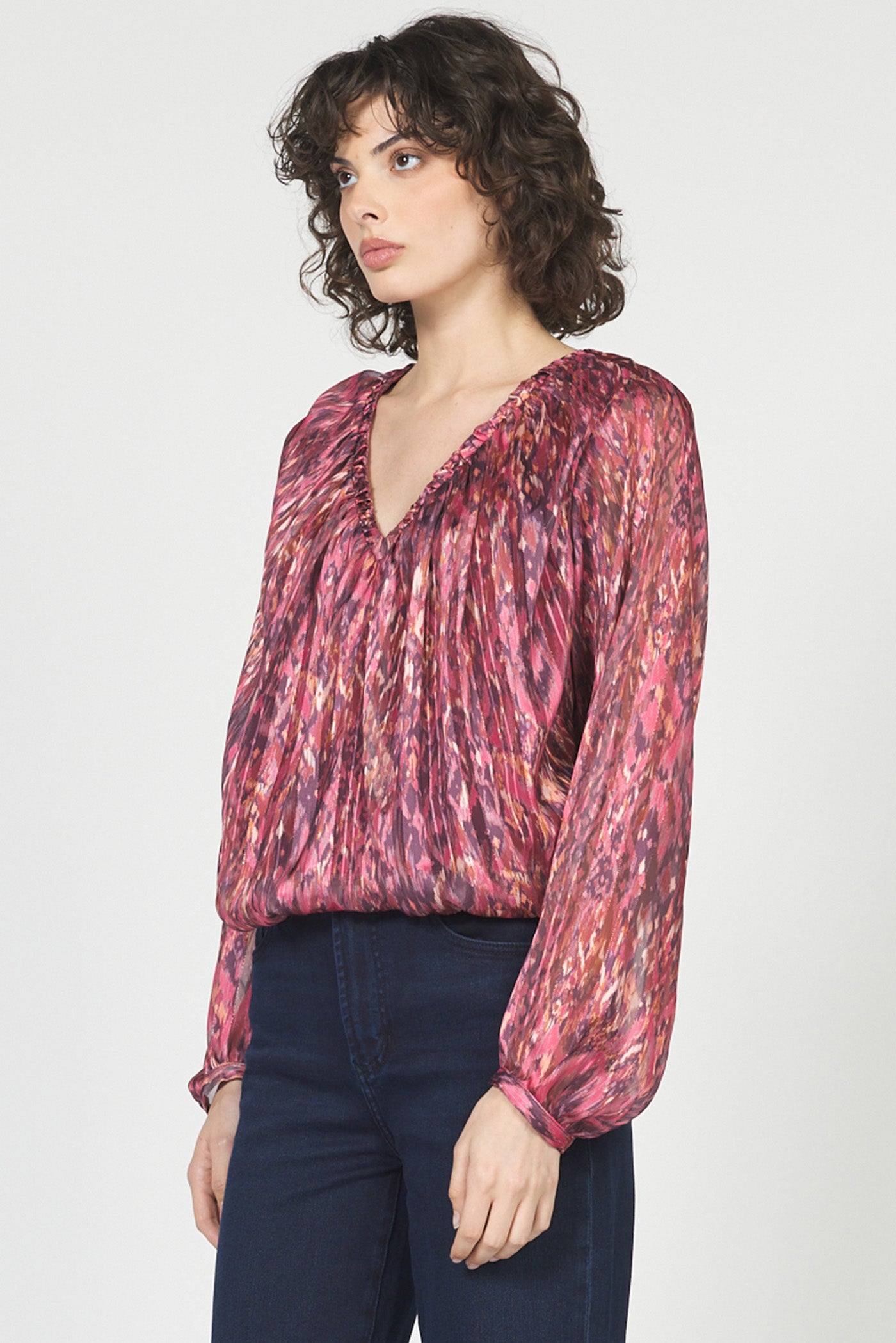 Piaf Print w/Lurex Balloon Sleeve Top Pomegrante