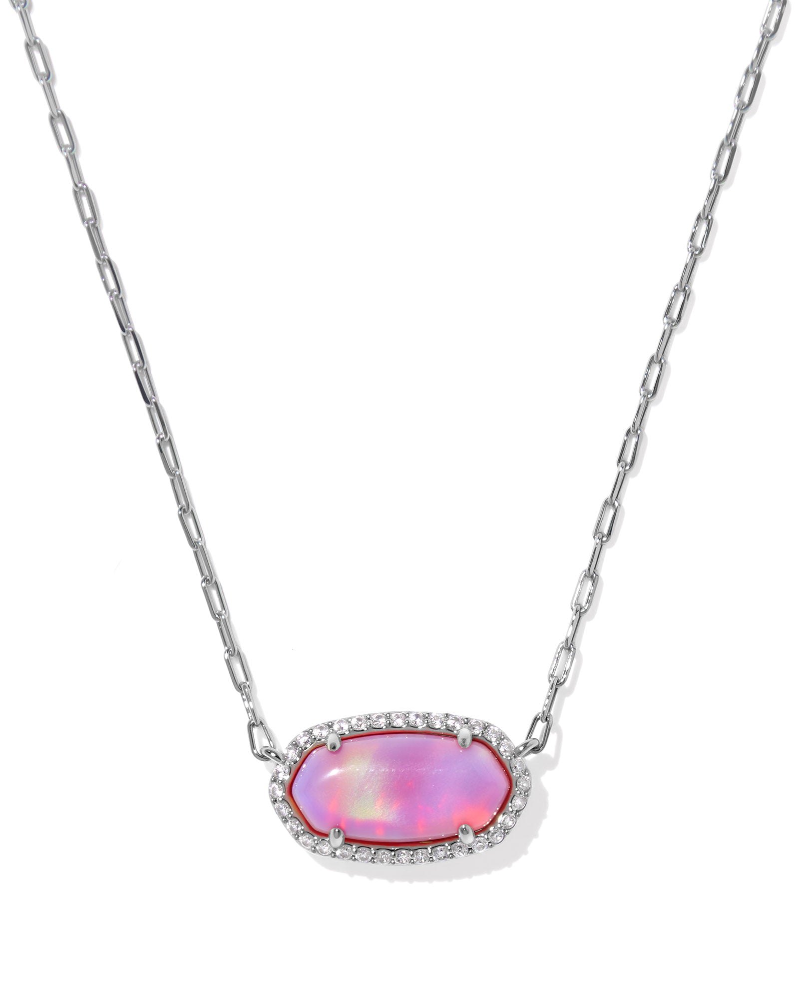 Elisa Pave Frame Silver Short Pendant Necklace Pink Opalescent Resin