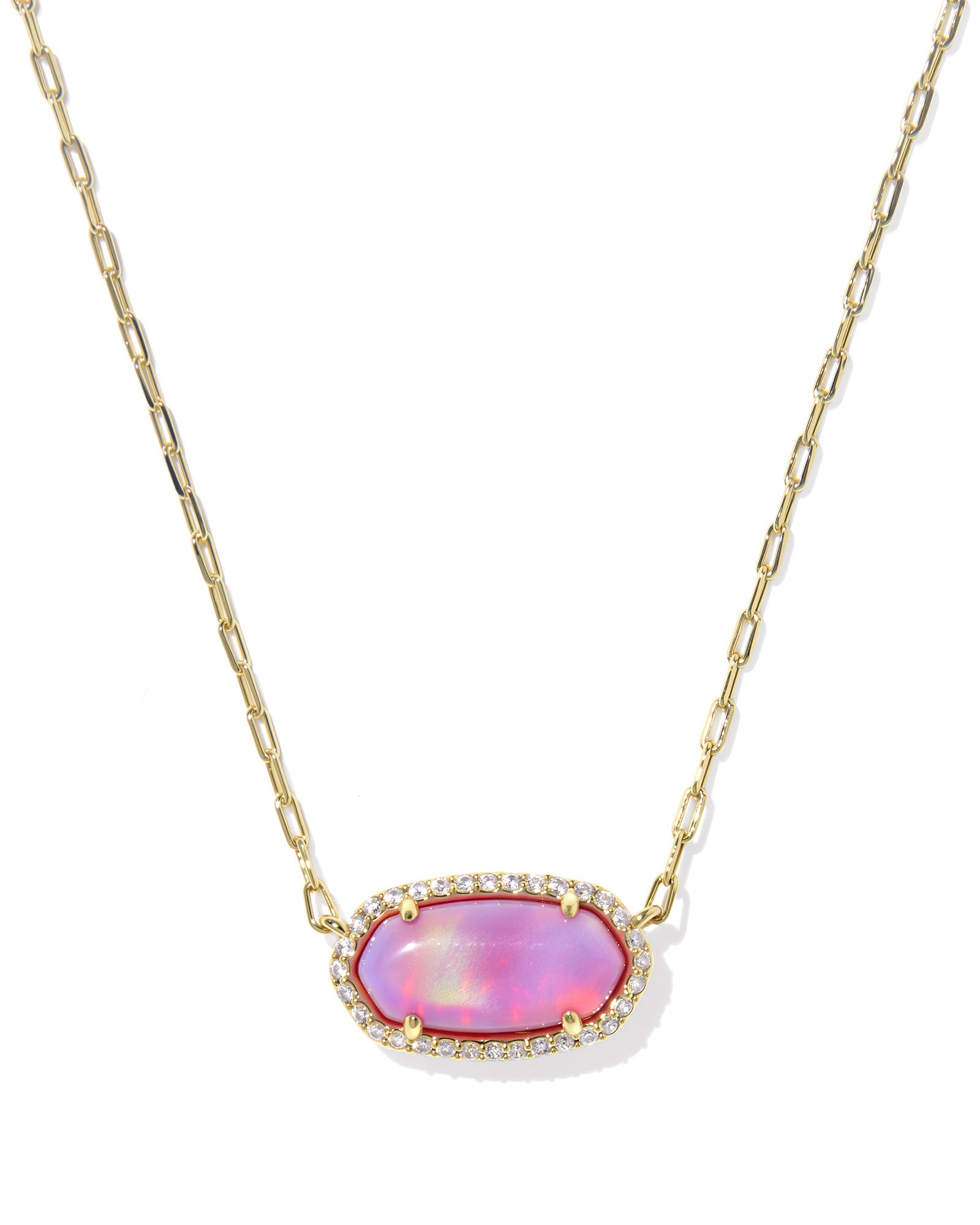 Elisa Pave Frame Gold Short Pendant Necklace Pink Opalescent Resin
