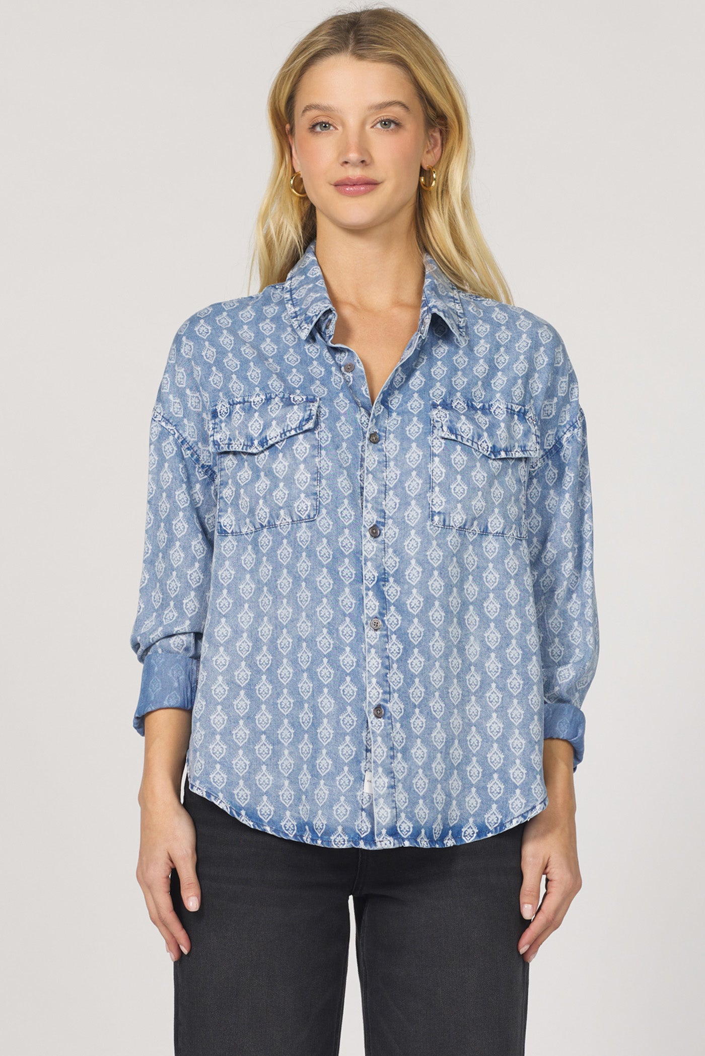 Adrianna Button Up Long Sleeve Shirt Tulip Crest