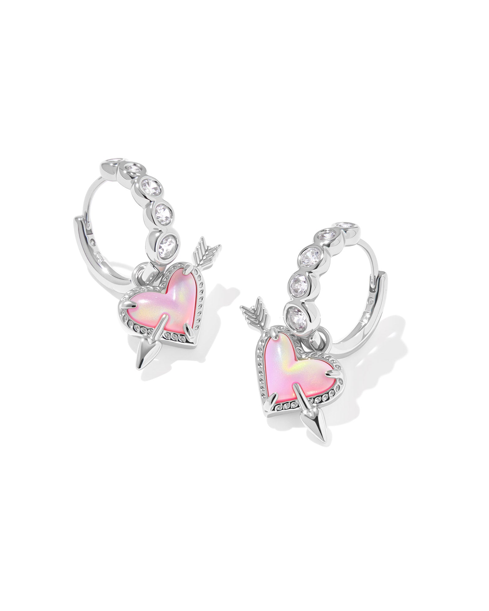 Ari Heart Arrow Silver Huggie Earring Pink Opalescent Resin