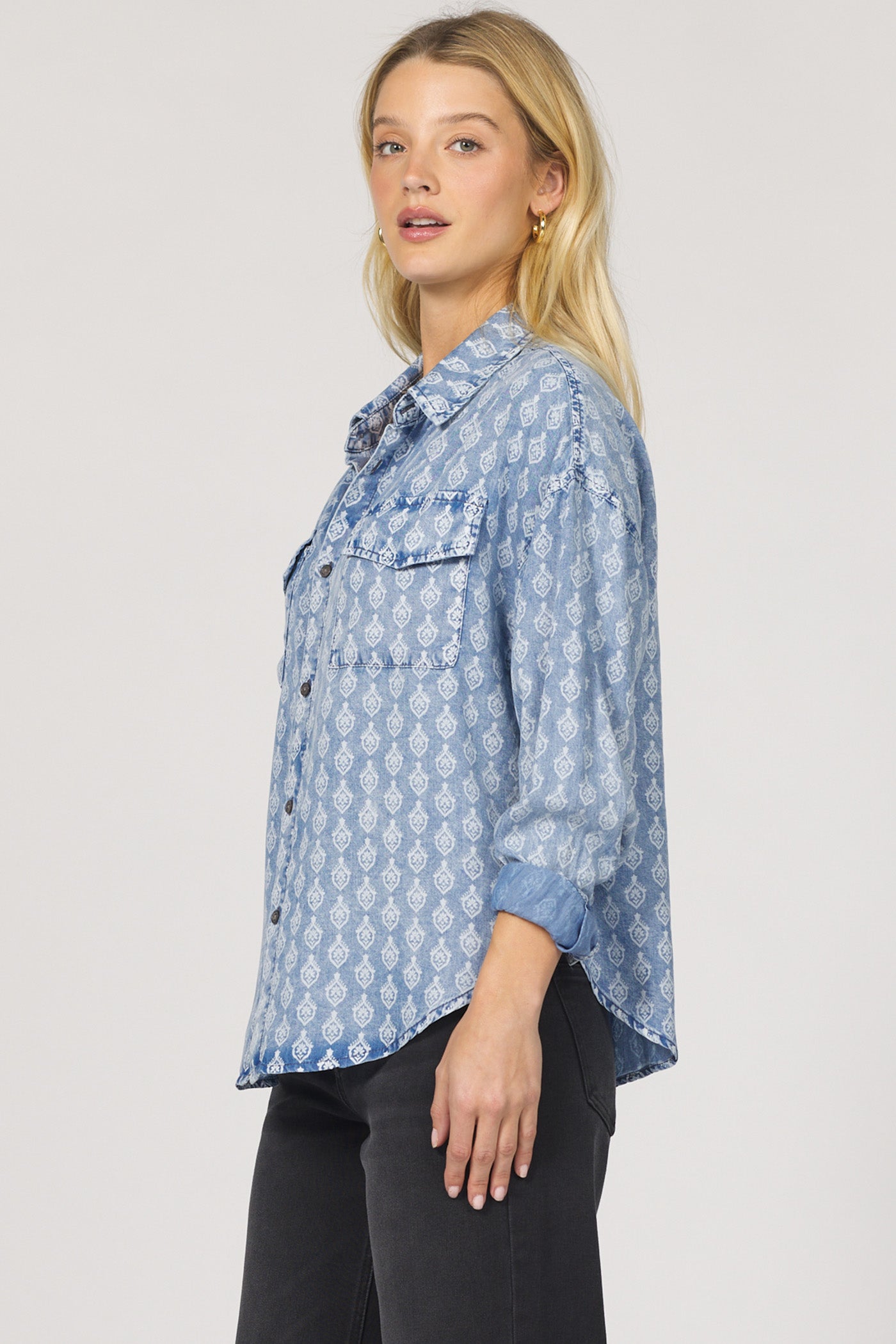 Adrianna Button Up Long Sleeve Shirt Tulip Crest