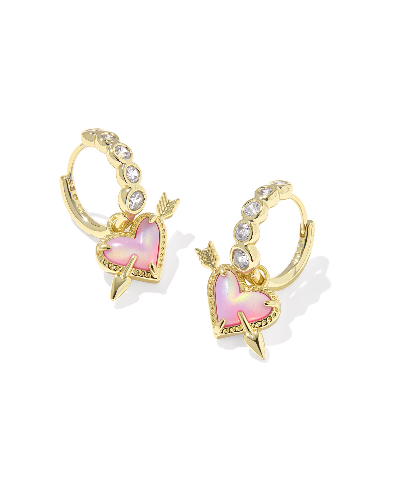 Ari Heart Arrow Gold Huggie Earring Pink Opalescent Resin