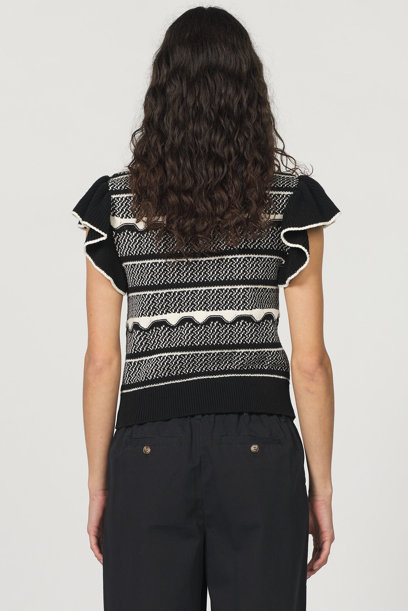 Bethany Ruffle Sleeve Stripe Sweater Black