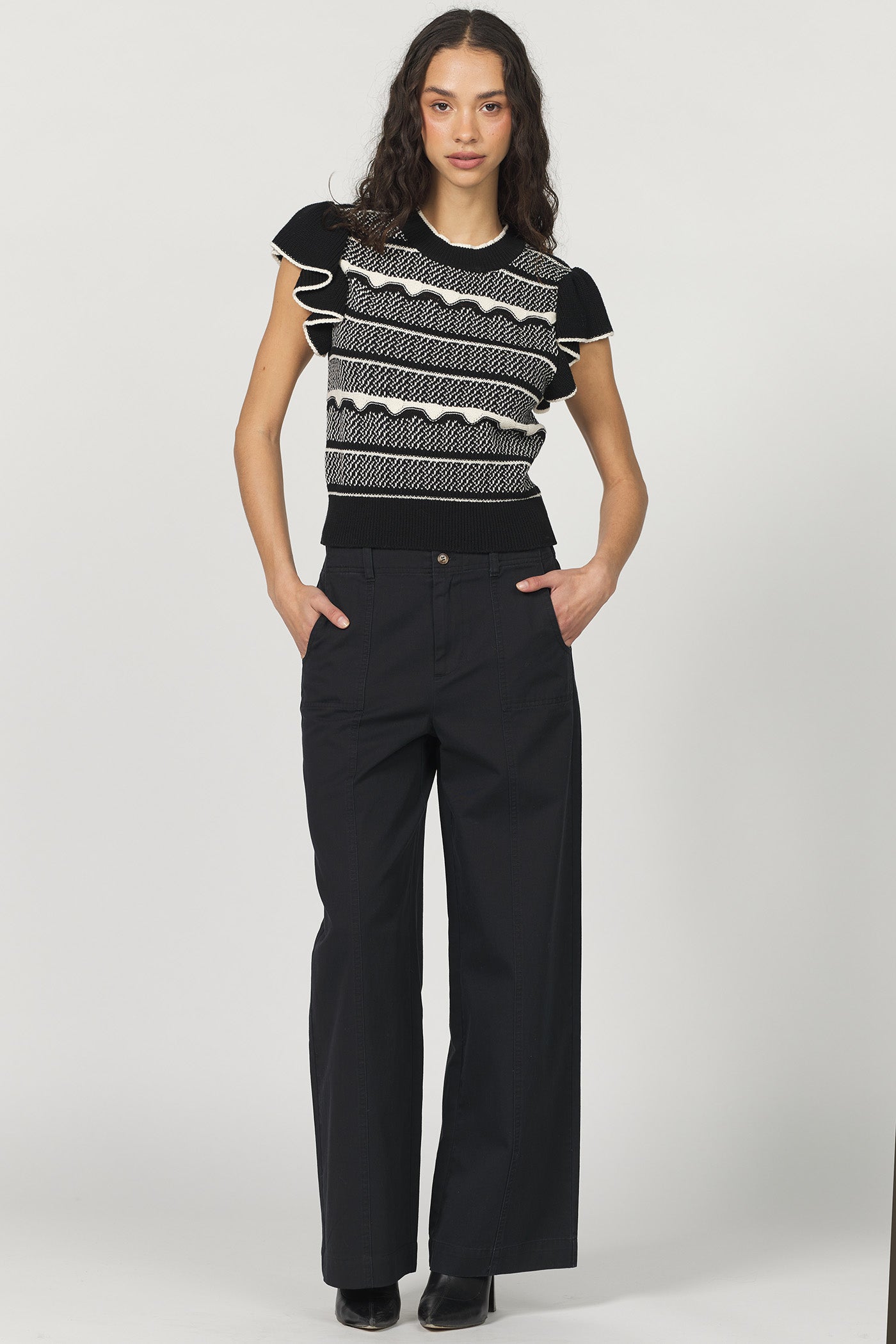 Bethany Ruffle Sleeve Stripe Sweater Black