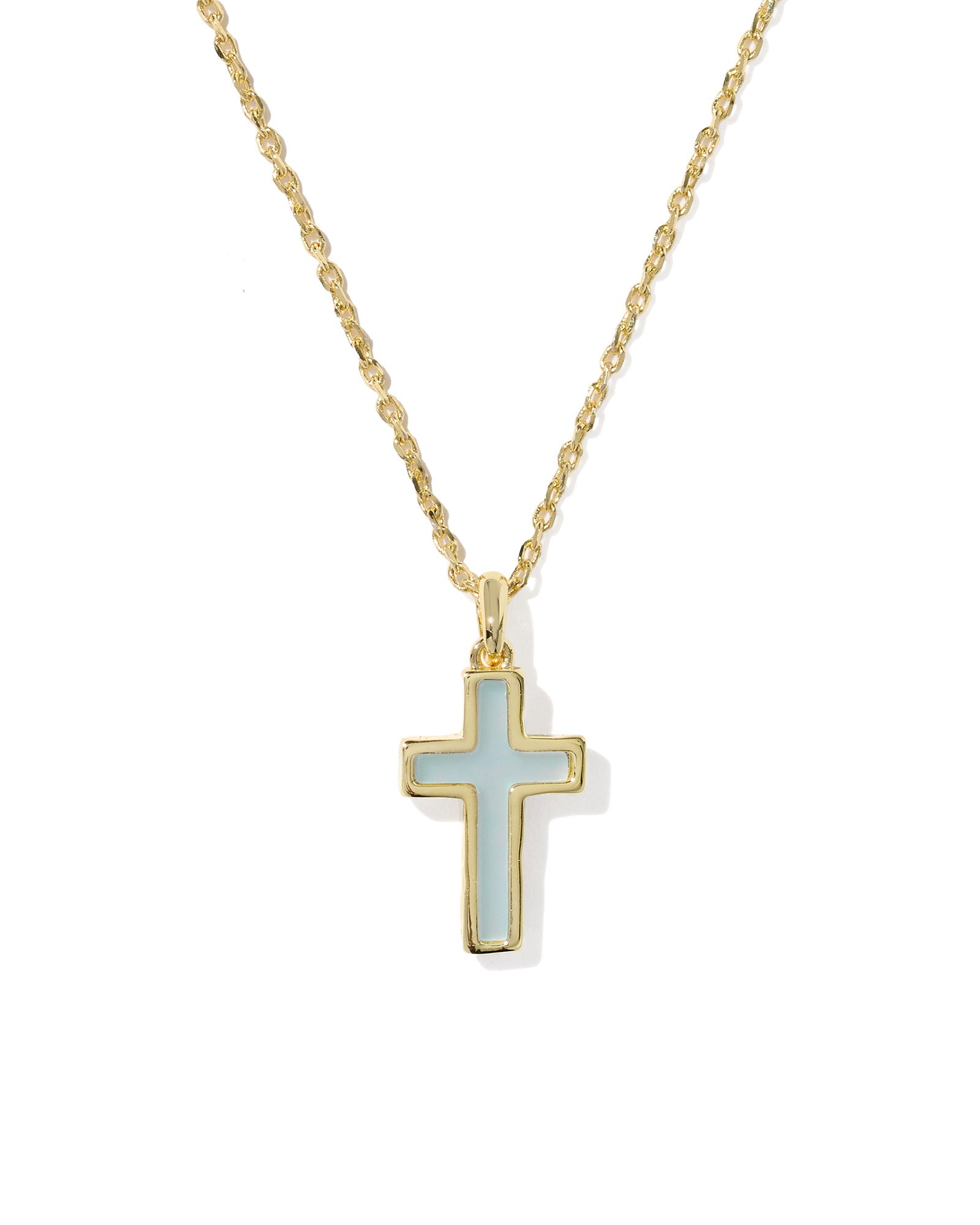 Cross Gold Pendant Necklace Matte Light Blue Dichroic Glass