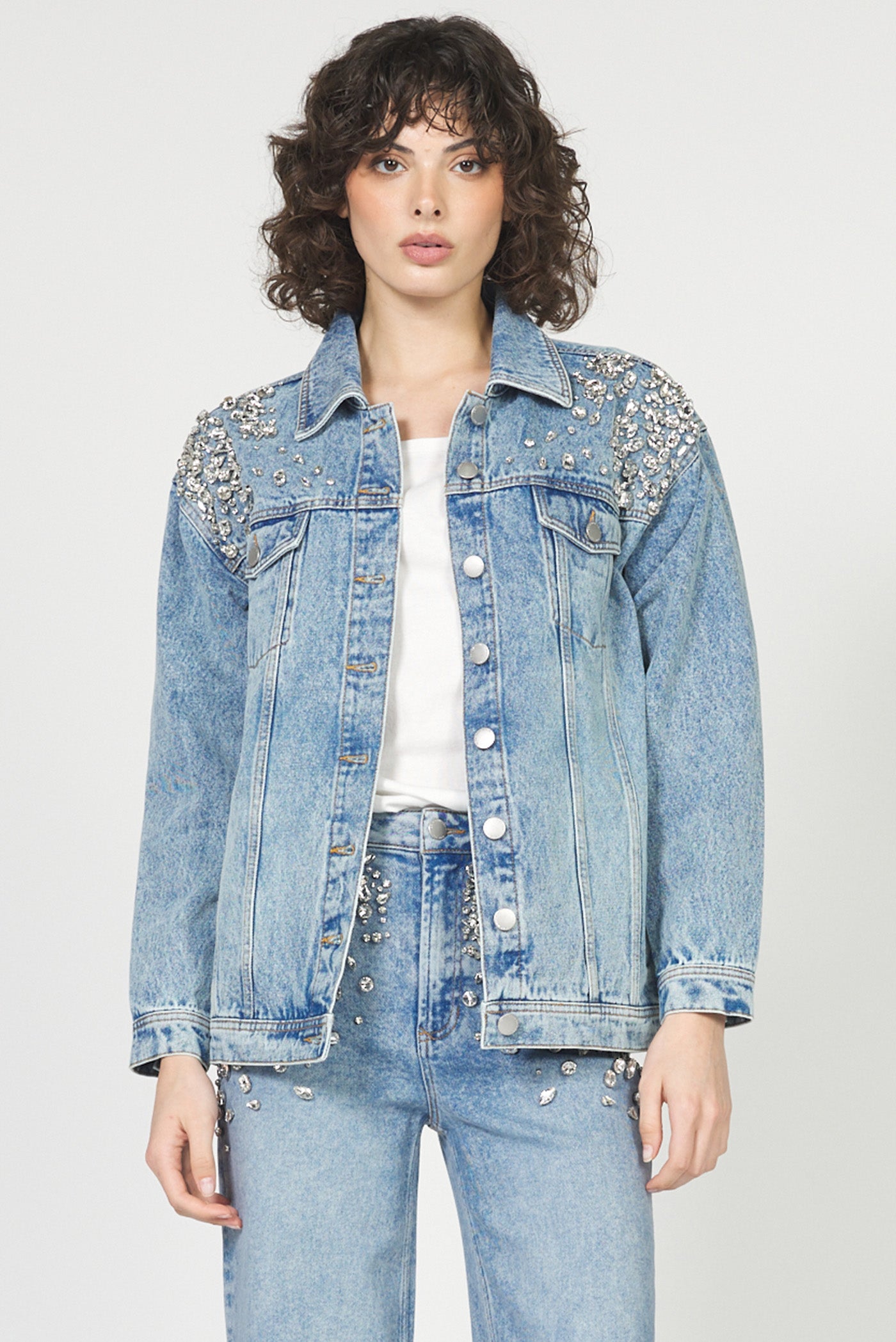 Sale Janette Oversized Denim Jacket w/Crystals Spakle