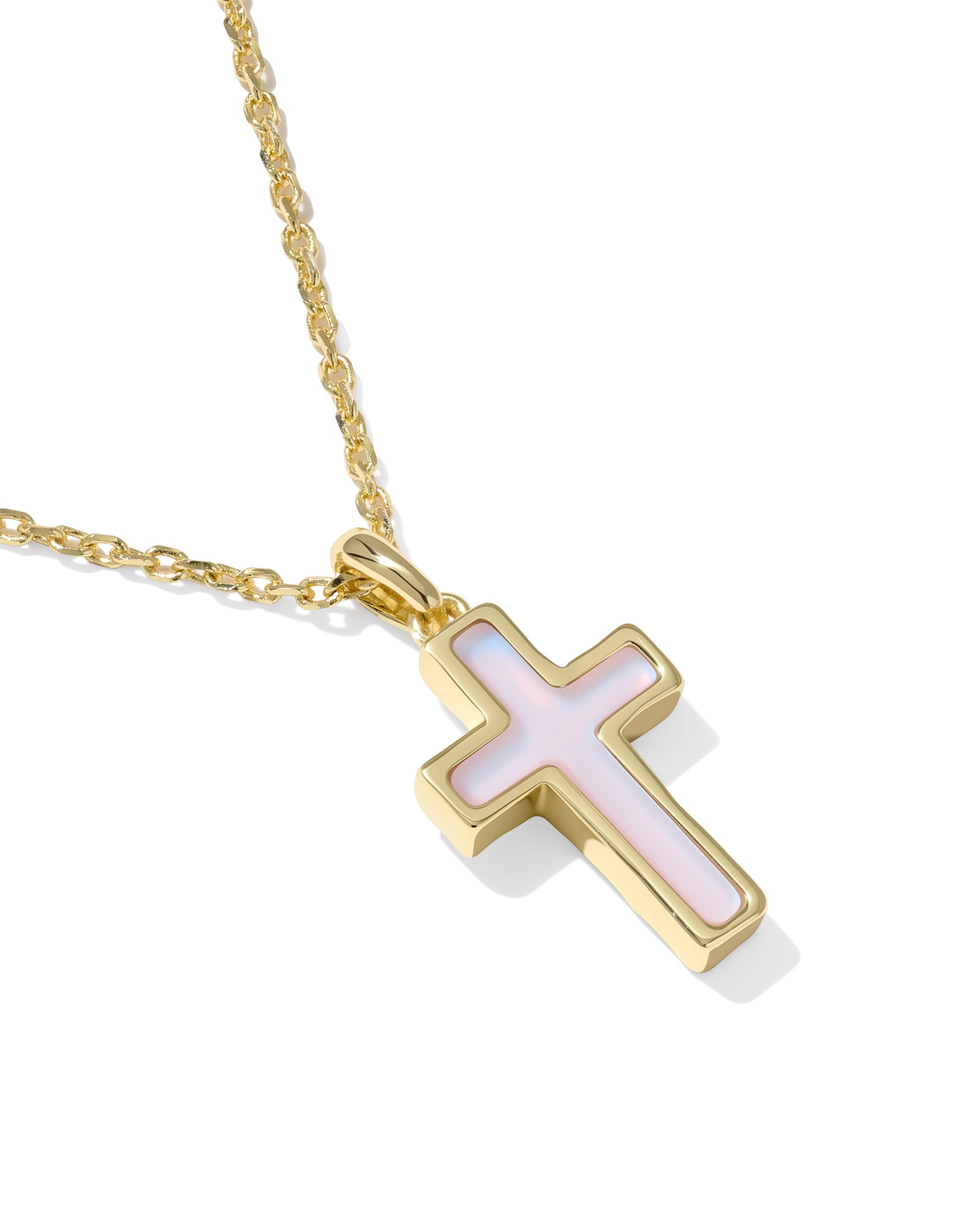 Cross Gold Pendant Necklace Matte Light Pink Dichroic Glass