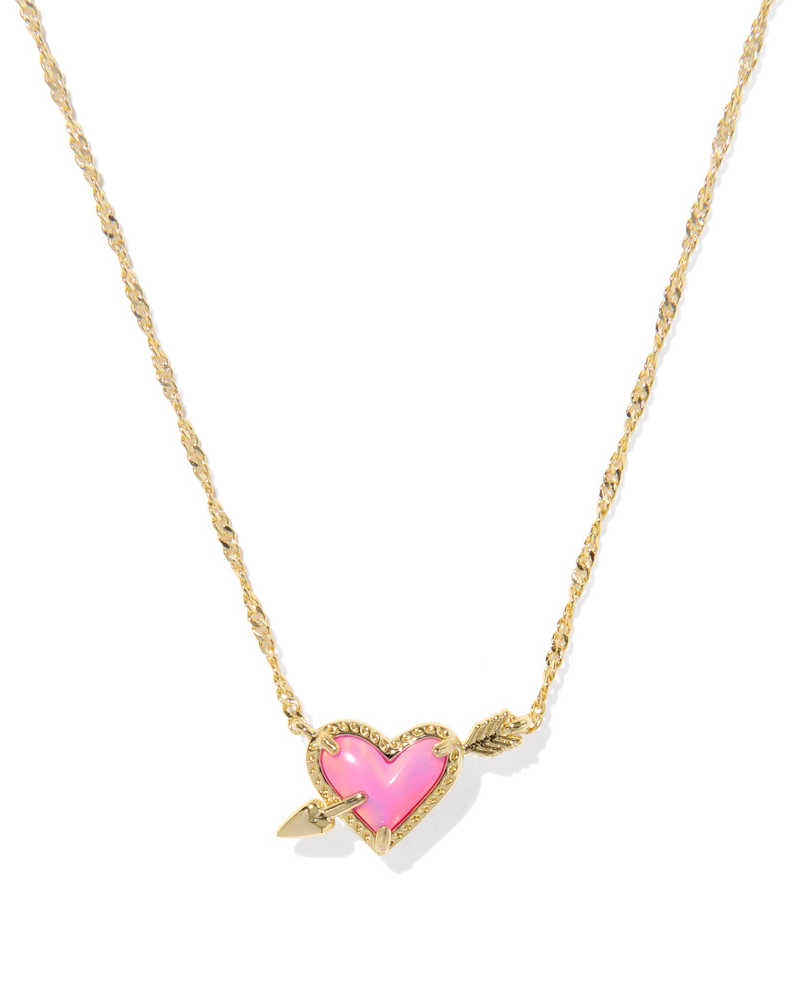 Ari Heart Arrow Gold Short Pendant Necklace Pink Opalescent Resin