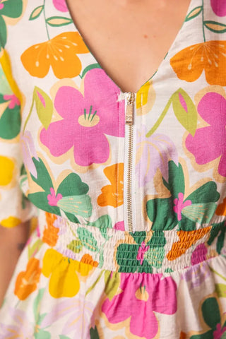 Voy Tops - Blouse Half Zip V-Neck Floral Peplum Top