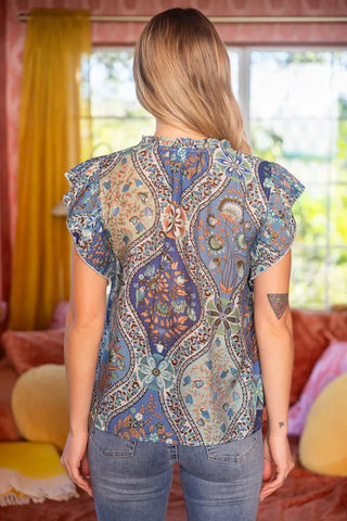 Voy Tops - Blouse Pleated Sleeve Button Down Floral Printed Top Blue Mix