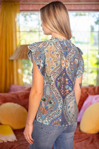 Voy Tops - Blouse Pleated Sleeve Button Down Floral Printed Top Blue Mix
