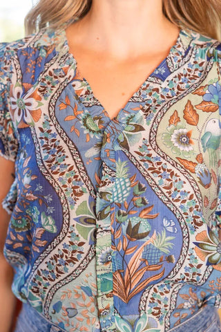 Voy Tops - Blouse Pleated Sleeve Button Down Floral Printed Top Blue Mix