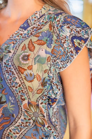 Voy Tops - Blouse Pleated Sleeve Button Down Floral Printed Top Blue Mix