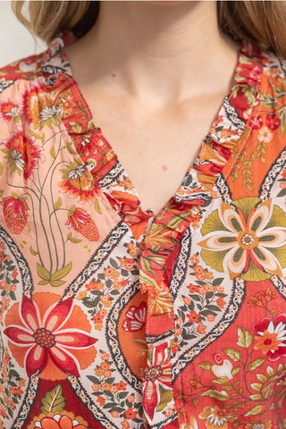 Voy Tops - Blouse Pleated Sleeve Button Down Floral Printed Top