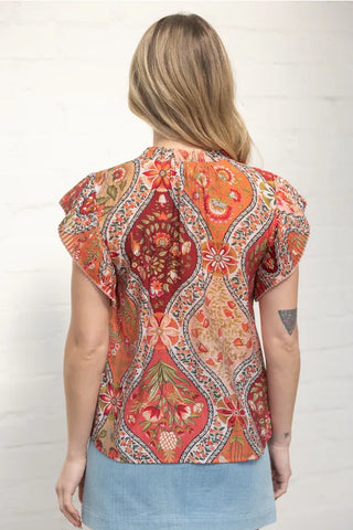 Voy Tops - Blouse Pleated Sleeve Button Down Floral Printed Top