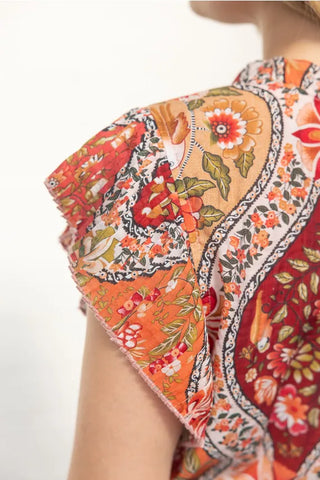 Voy Tops - Blouse Pleated Sleeve Button Down Floral Printed Top