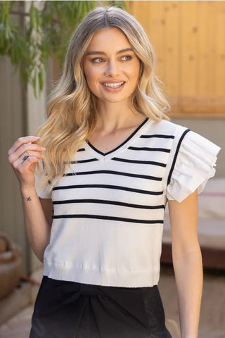 Voy Tops - Blouse Sm Striped Short Ruffle Sleeved Knit Top